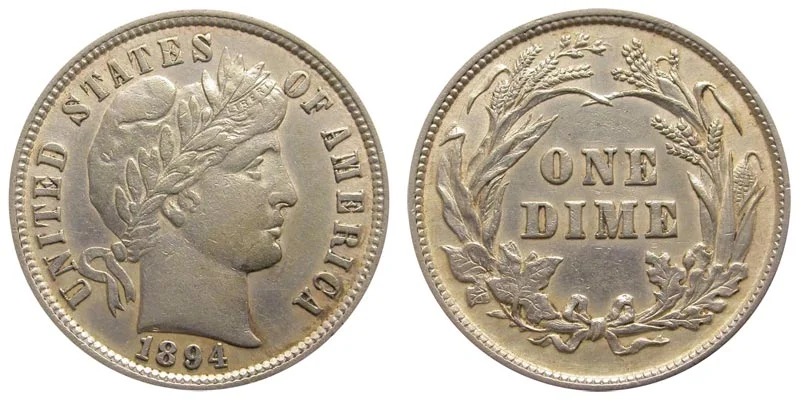 1894-S Barber Dime obverse and reverse showing the S mint mark detail