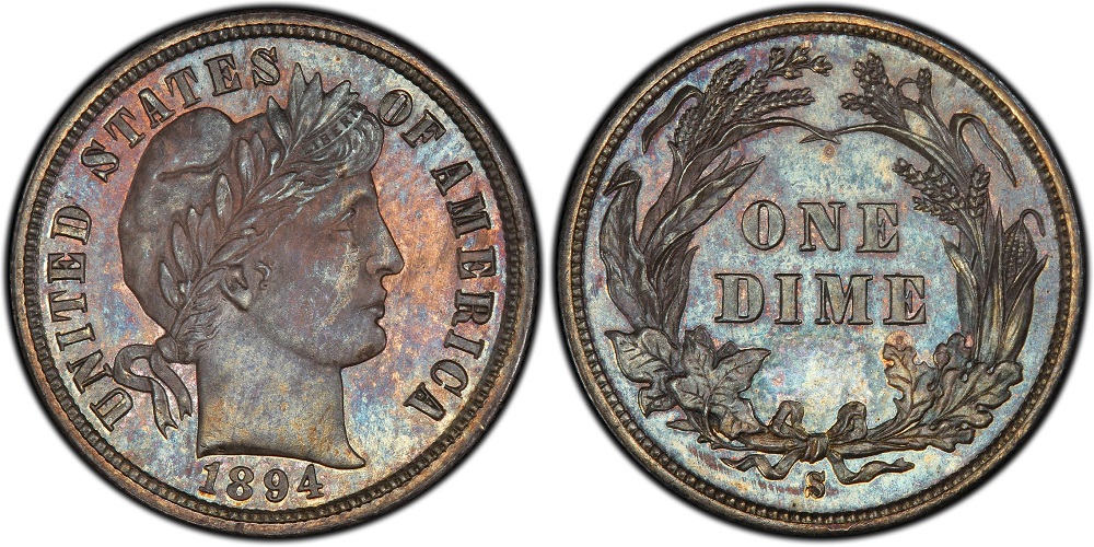 Side-by-side comparison of 1894 Philadelphia dime versus 1894-S Barber Dime showing mint mark location