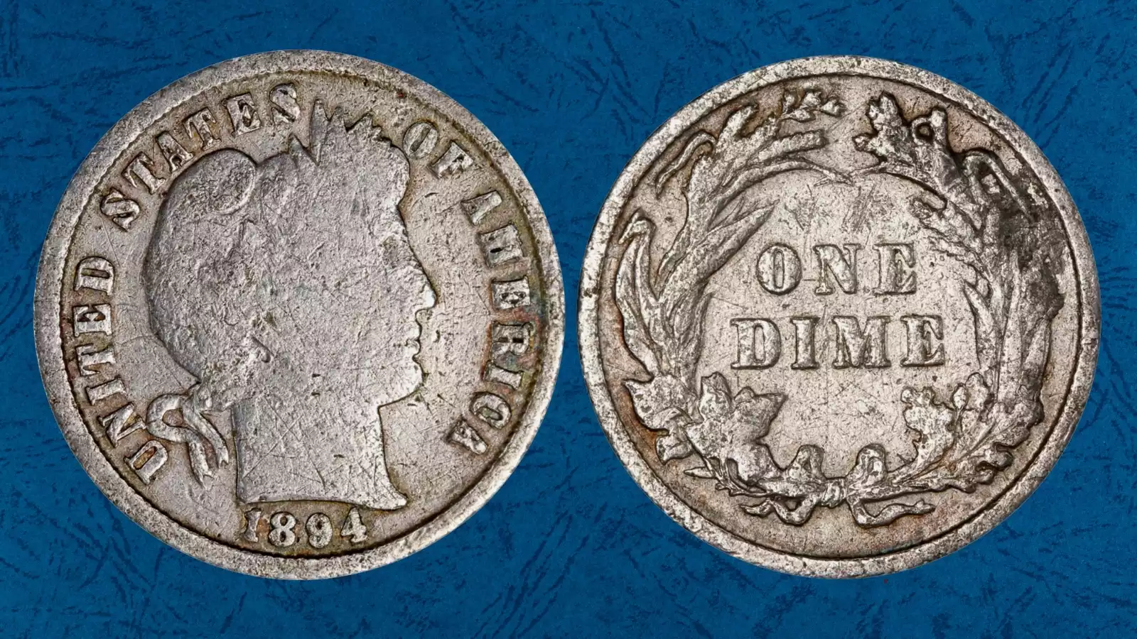 1894 Barber dime die crack error showing raised line across the obverse