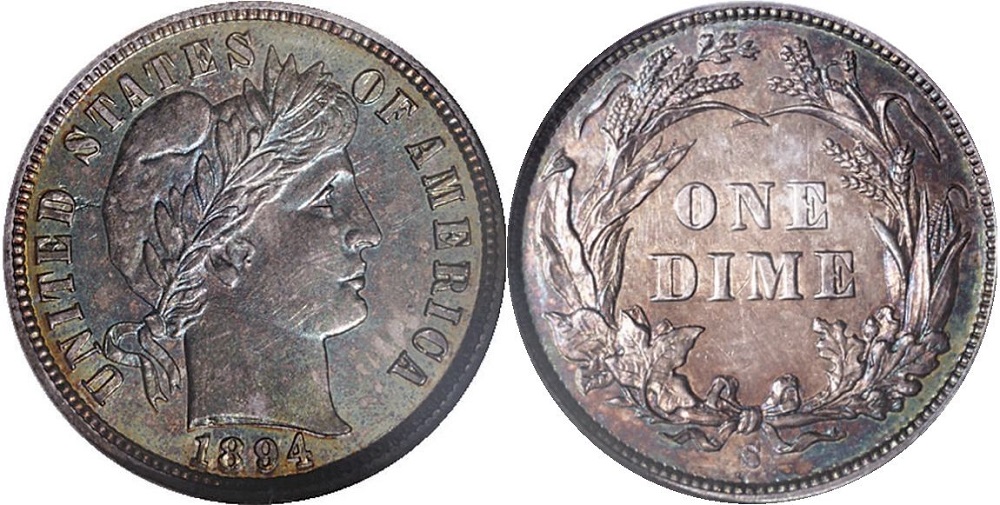 Grading strip showing 1894 Barber dimes in four condition tiers from worn Good to Mint State